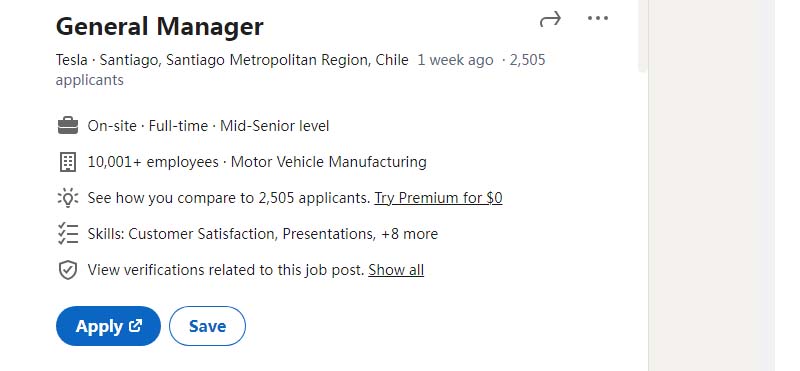 Tesla post job on Linkedin General Manager based in Chile