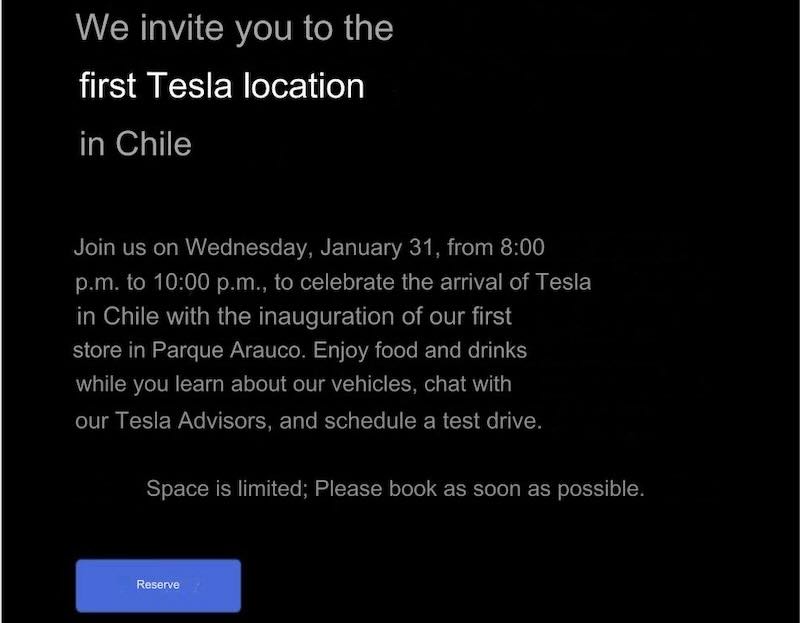 Tesla is Officially Launching in Chile on January 31st 