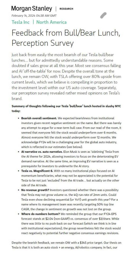 Morgan Stanley New Tesla note: Feedback From Bull/Bear Lunch ...