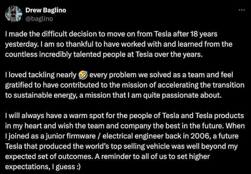 After 18 years with the company, Drew Baglino is leaving Tesla.