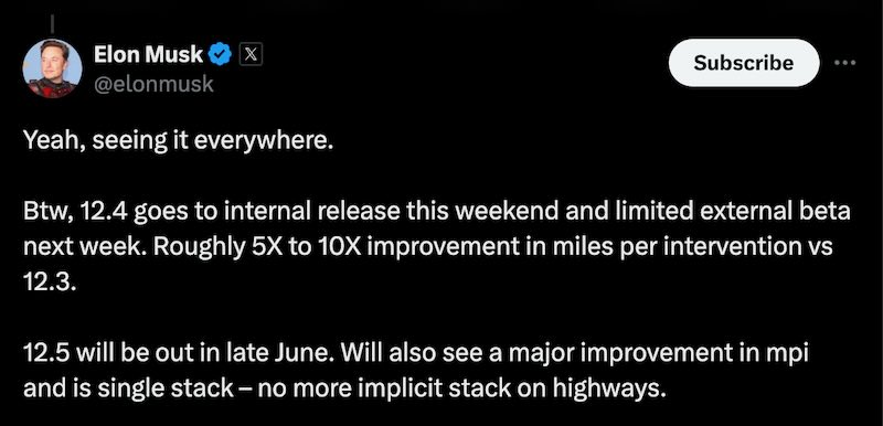 Elon says FSD 12.4 goes to internal release this weekend and limited external beta next week