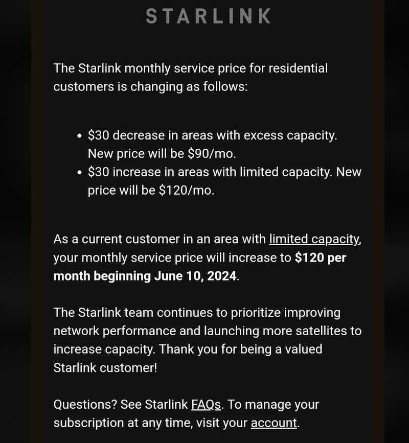 SpaceX is increasing prices for some U.S. Starlink users due to increased demand, $120/month (from $90)