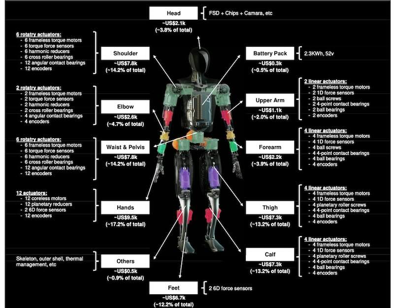 Tesla Optimus humanoid BOM costs