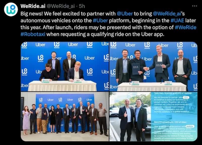 WeRide partners with Uber to bring self-driving cars to Abu Dhabi.