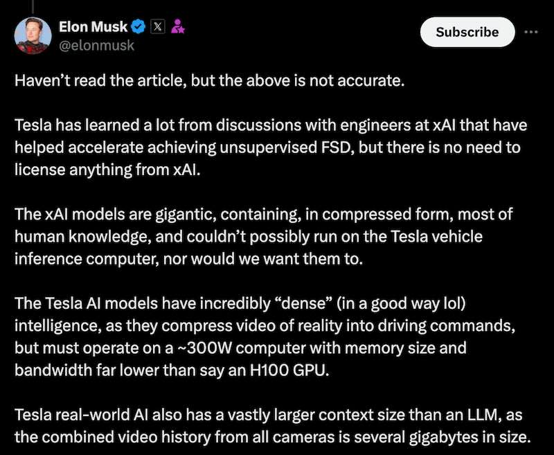 Elon clarified that while Tesla has gained insights from xAI engineers