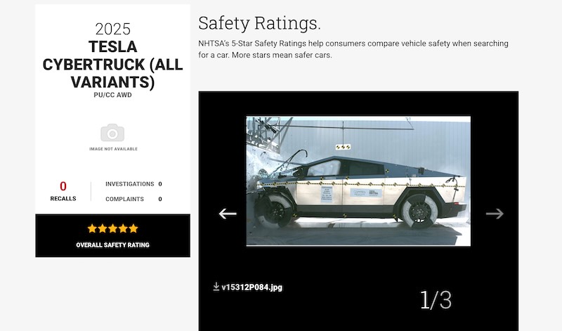 Cybertruck has officially received a 5-Star overall safety rating from the NHTSA