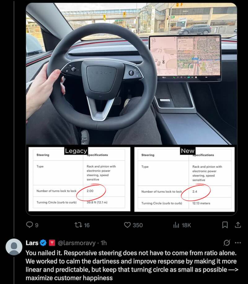 Lars Moravy, Confirm Model Y Steering Ratio Change