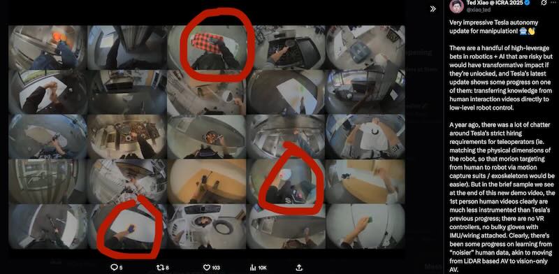 Google DeepMind researcher Ted Xiao: Very impressive Tesla autonomy update for manipulation! 