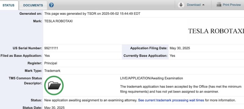 Tesla Files New "Tesla Robotaxi" Trademark