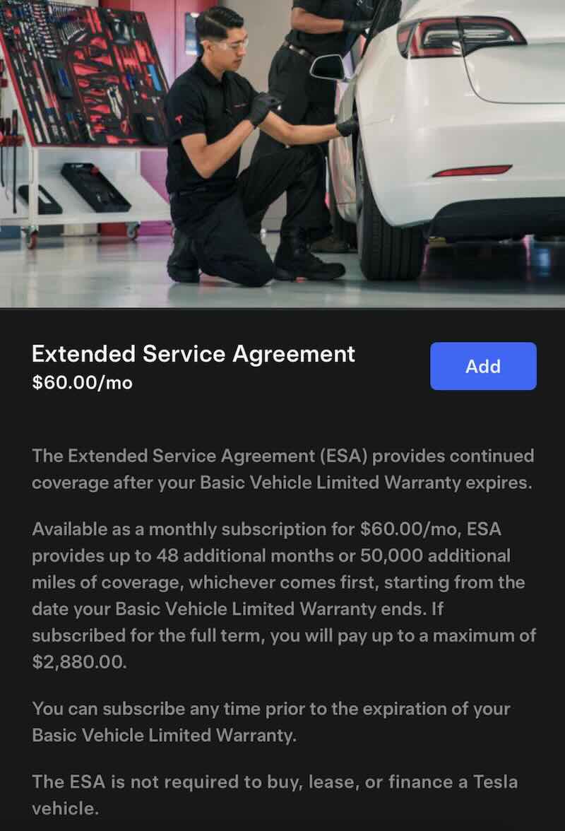 Tesla has introduced a monthly Extended Service Agreement subscription in the U.S.