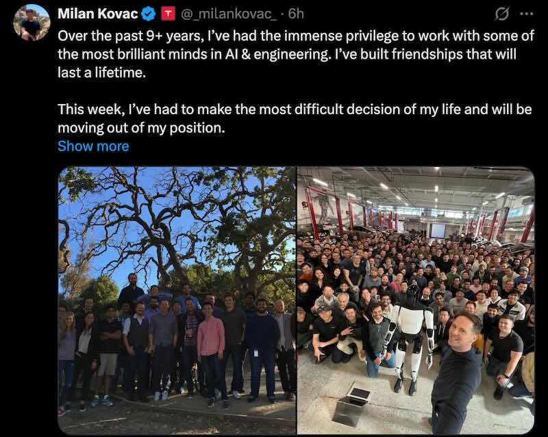Tesla AI VP Milan Kovac Resigns After 9 Years Leading FSD and Optimus Projects