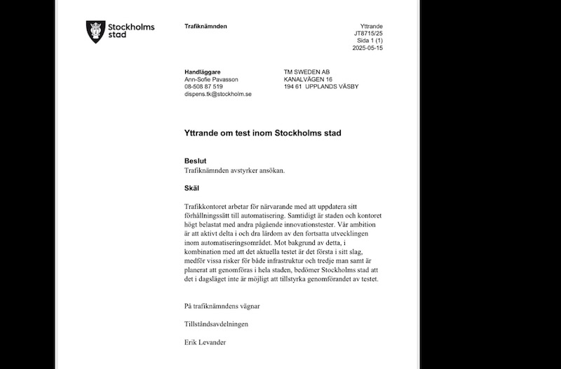 A document from the City of Stockholm reveals the transport authority's decision to deny Tesla's FSD testing request.