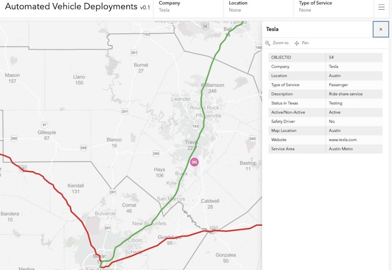 The Texas DOT listing provides concrete details about Tesla's robotaxi deployment status.