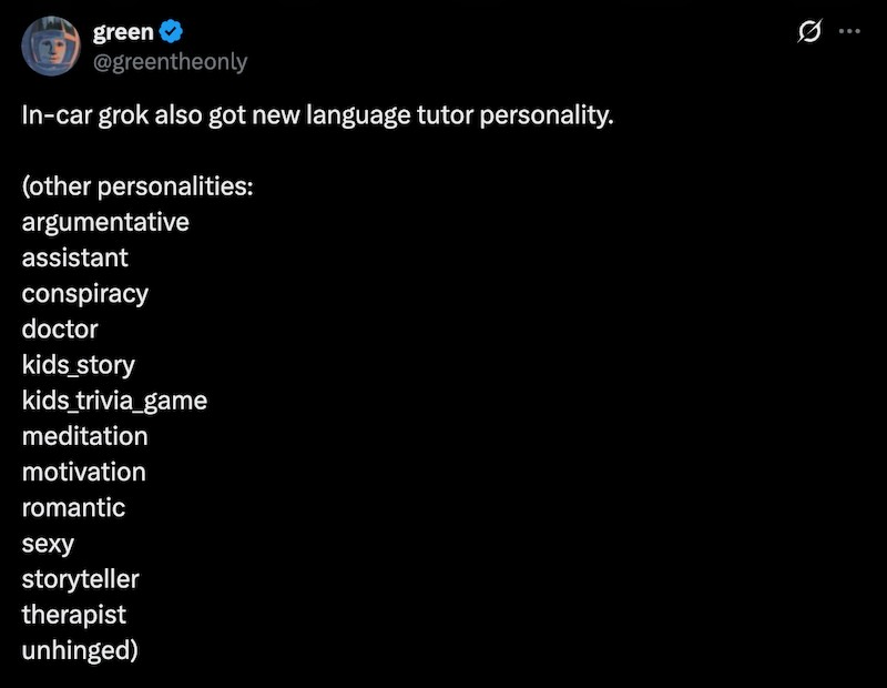 green says: "In-car grok also got new language tutor personality."