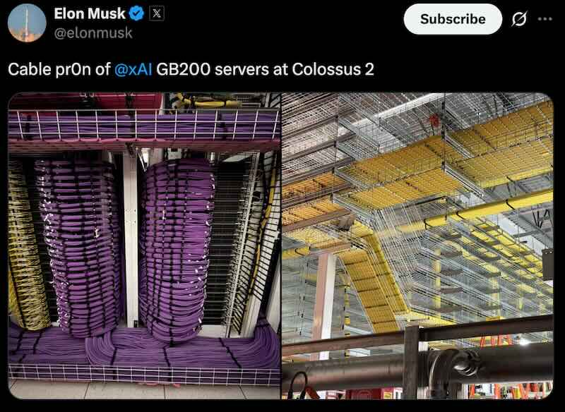 Elon: Cable pr0n of xAI GB200 servers at Colossus 2