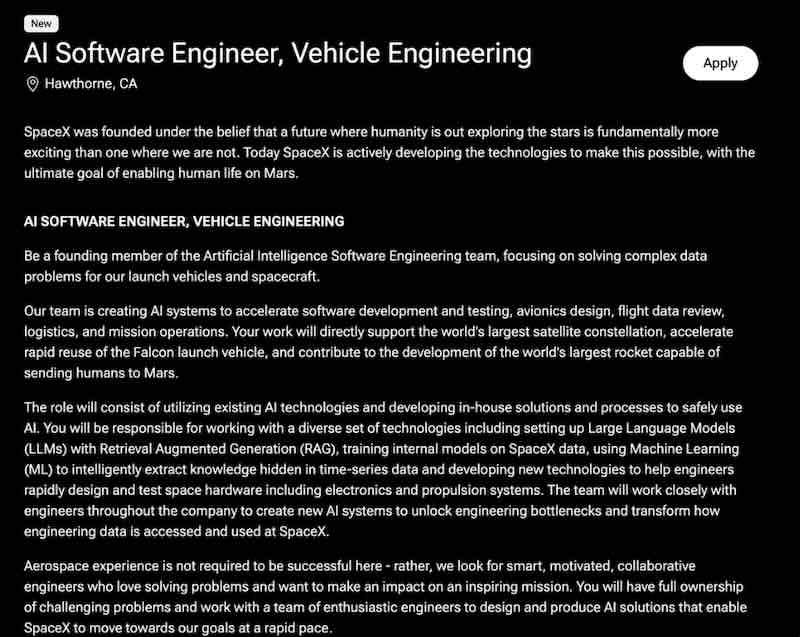 SpaceX has posted a new job: AI Software Engineer
