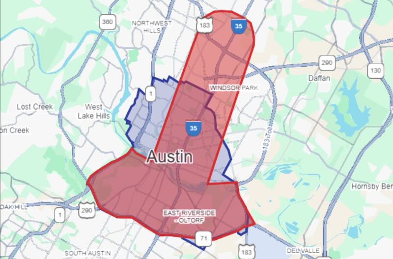Tesla Robotaxi (red) vs. Waymo geofence in Austin
