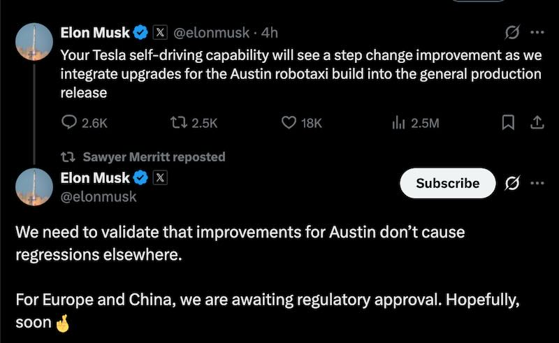 Elon: integrate upgrades for the Austin robotaxi build into the general production release