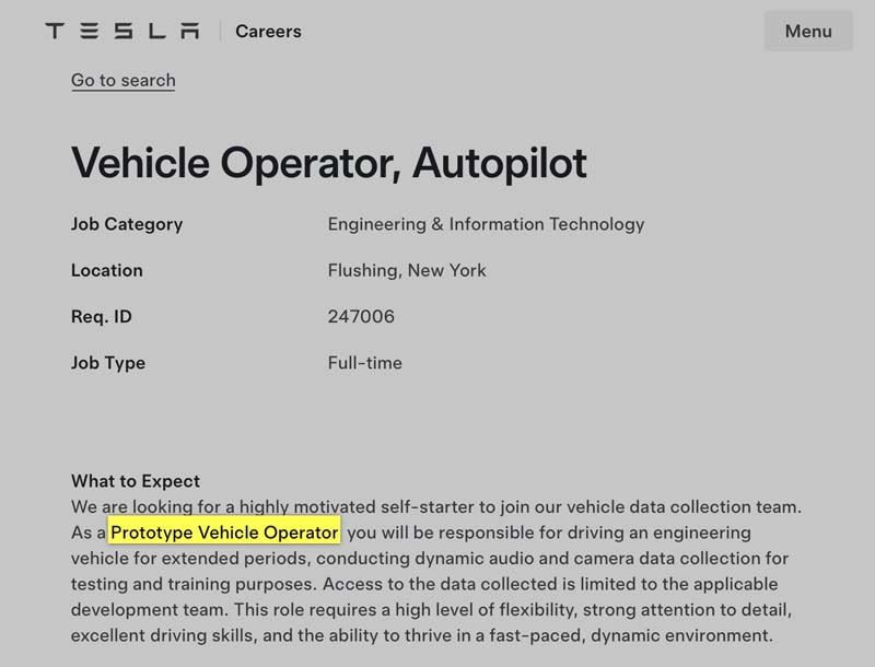 Tesla is now hiring 'Prototype Vehicle Operators' in New York.