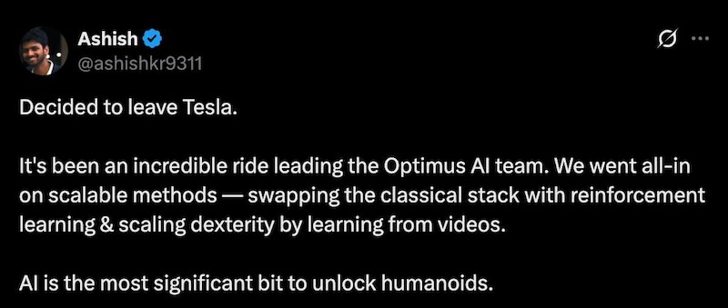 Optimus AI team lead, Ashish Kumar, has decided to leave Tesla and join Meta as a research scientist.