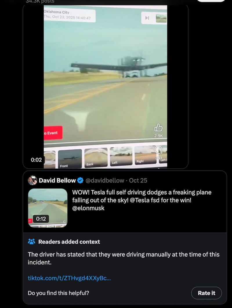 Tesla Driver, Not Autopilot, Dodged Falling Plane in Viral Video That Sparked False FSD Claims