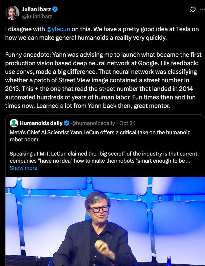 Tesla Bot Optimus AI Lead Julian Ibarz directly challenged LeCun's assessment