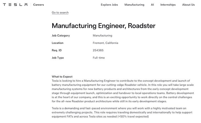 Tesla Roadster Production Inches Closer as Company Hunts for Battery Engineers