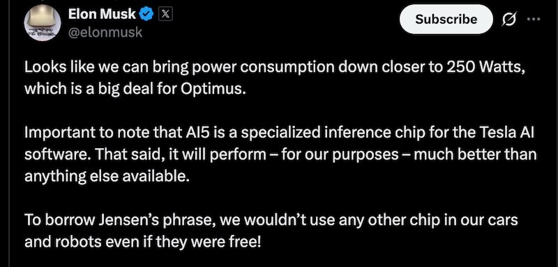 Tesla is working to reduce the power consumption of its upcoming AI5 chip to approximately 250W