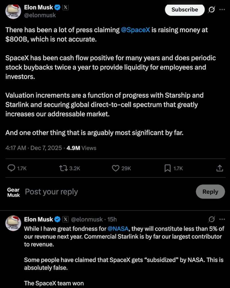 Elon confirms SpaceX is not raising capital right now at a $800B valuation. 