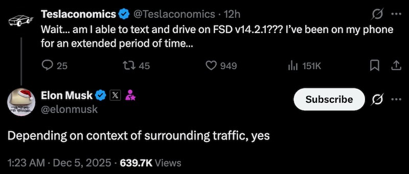 Tesla FSD V14.2.1 Now Monitors Traffic Context Before Restricting Phone Use