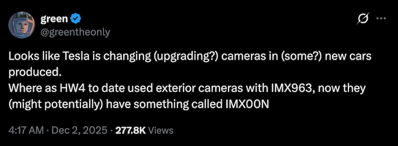 Green uncovered a new image sensor referenced in Tesla's backend logs and code, labeled "IMX00N"