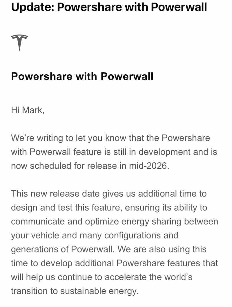 Tesla has announced that the Powershare with Powerwall feature is still in development and is now scheduled for release in mid-2026
