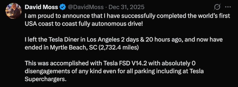  Tesla FSD Drives Coast-to-Coast Without Human Intervention