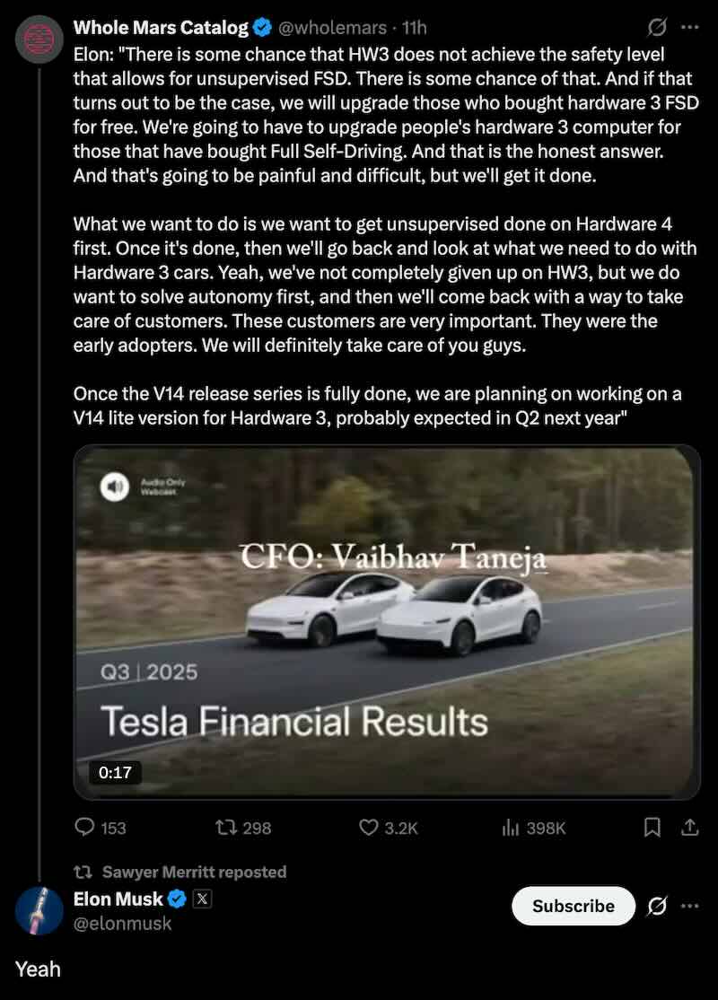 Tesla Reaffirms HW3 Upgrade Promise as FSD Sales Strategy Shifts