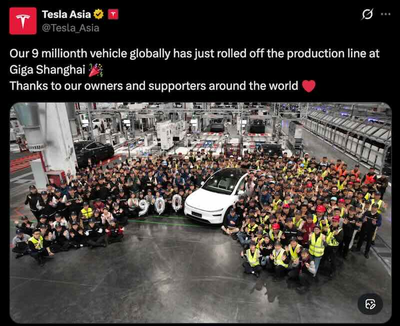 Tesla Giga Shanghai: Our 9 millionth vehicle globally has just rolled off the production line at Giga Shanghai