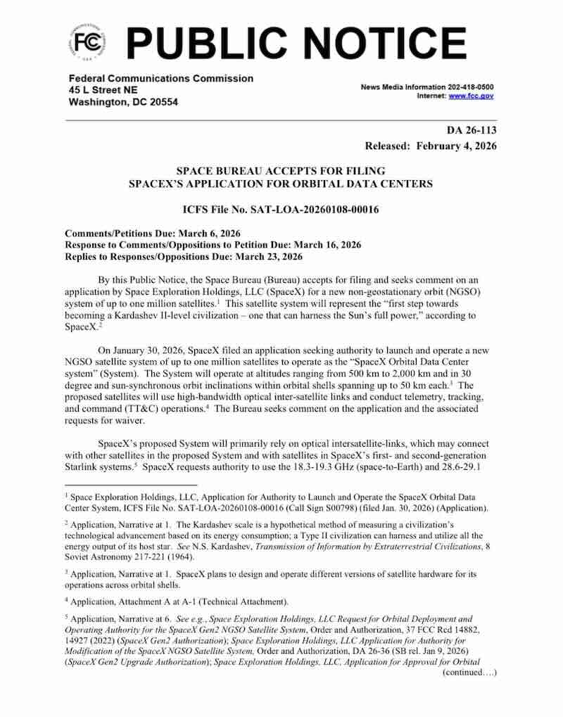 The FCC has accepted SpaceX’s filing for a new non-geostationary orbit (NGSO) system of up to one million satellites, and is now seeking comments.