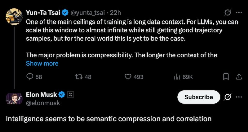 Elon: Intelligence seems to be semantic compression and correlation