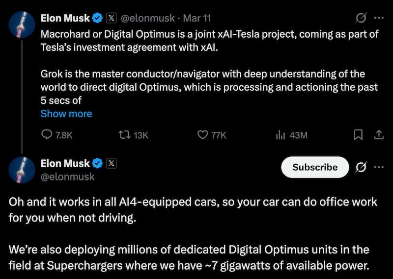 Elon: Macrohard or Digital Optimus is a joint xAI-Tesla project