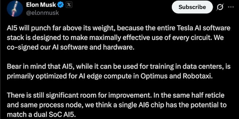 Elon: In the same half reticle and same process node, we think a single AI6 chip has the potential to match a dual SoC AI5.