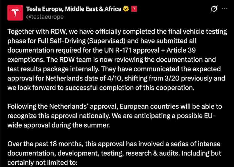 Tesla says that the RDW has communicated that FSD (Supervised) will be approved in the Netherlands on April 10th