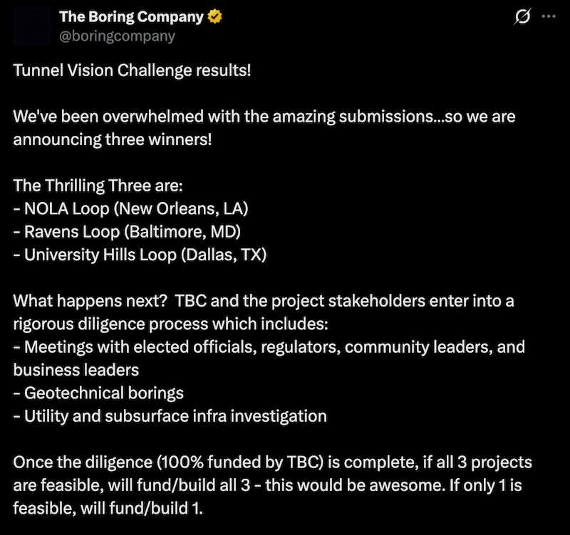 The Boring Company Announces 3 Free Tunnels After Tunnel Vision Challenge