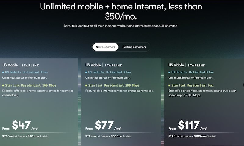 US Mobile has announced pricing for its bundled Starlink home internet with its unlimited wireless plans.
