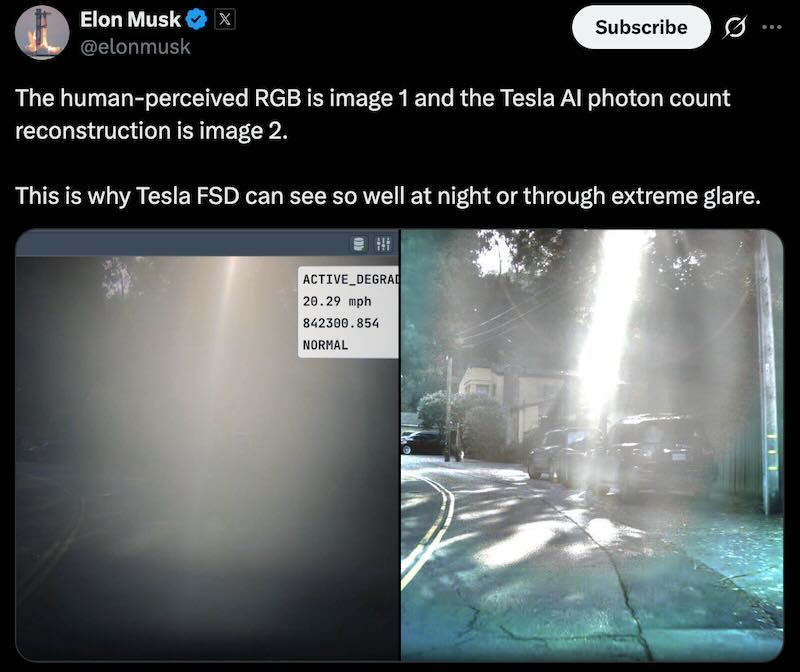 Elon: The human-perceived RGB is image 1 and the Tesla AI photon count reconstruction is image 2. 