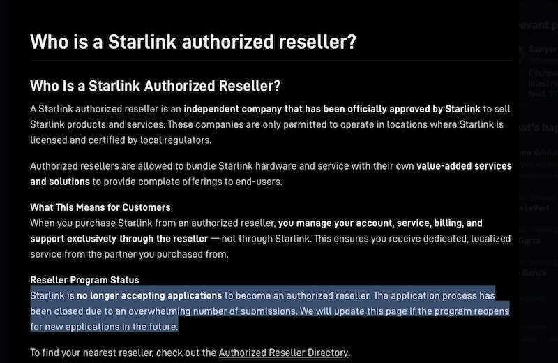 SpaceX has paused its Starlink reseller program, citing “overwhelming” demand from interested businesses.
