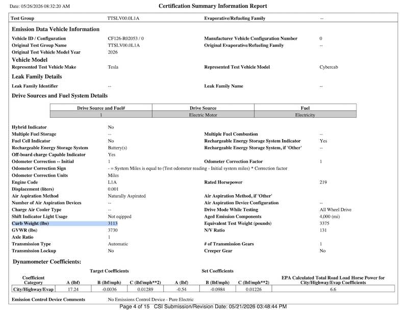 Cybercab has been revealed in public EPA documents