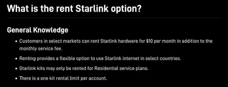Starlink: Rent Starlink hardware for $10 per month in addition to the monthly service fee.