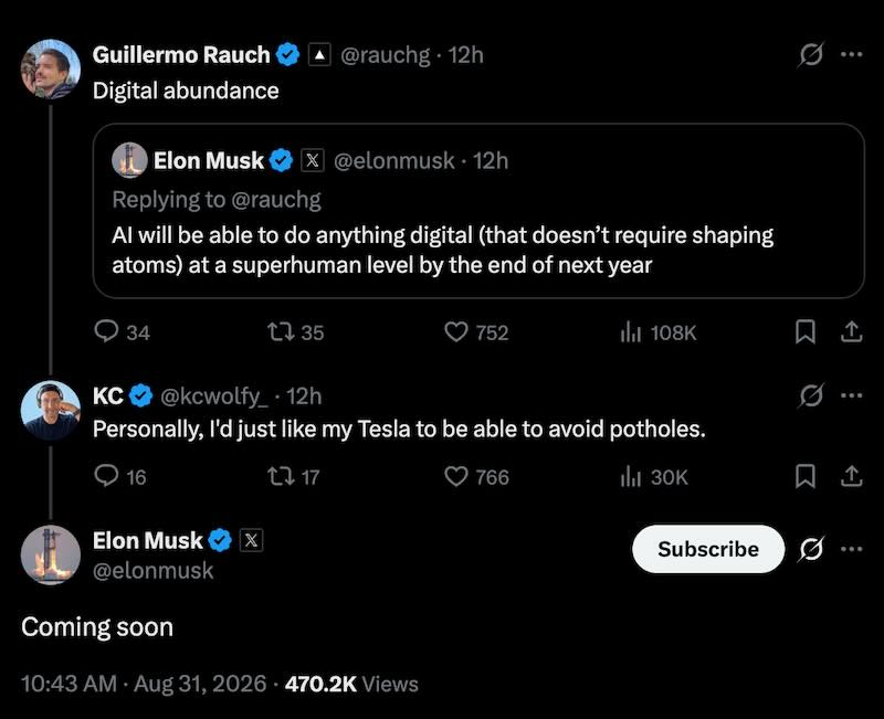 Elon says FSD pothole avoidance is coming soon.