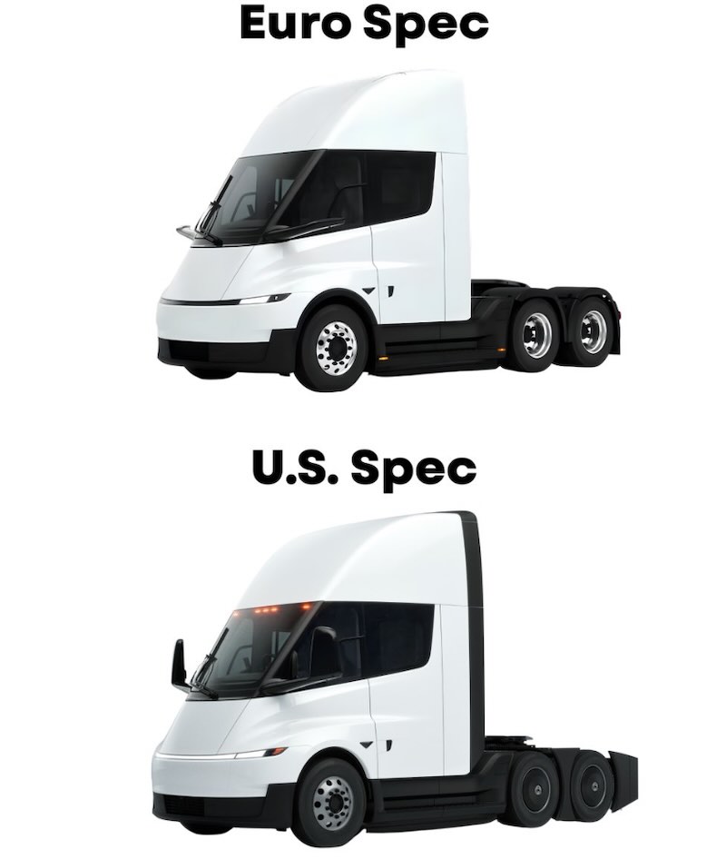 Comparison between the U.S. and European Tesla Semi Standard Range.