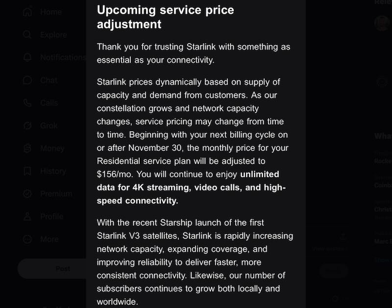Dynamic pricing for Starlink Residential plans in select areas based on supply of capacity and demand from customers.